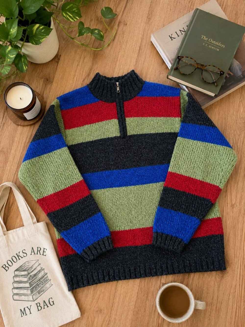 Vintage IN-KNIT Striped Quarter Zip Sweater Wool Blend Size Small